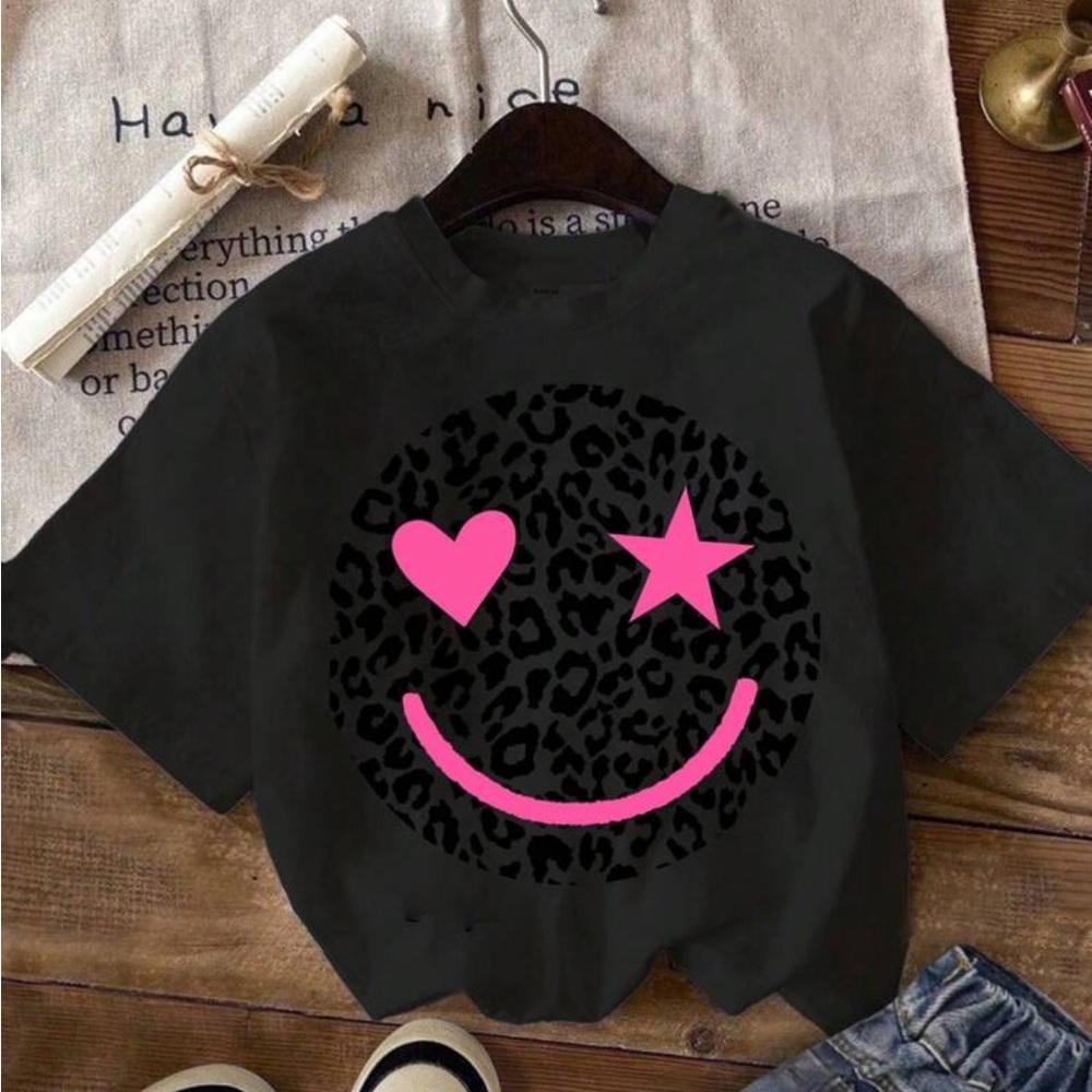 Black T-Shirt with Pink Leopard Smiley Face